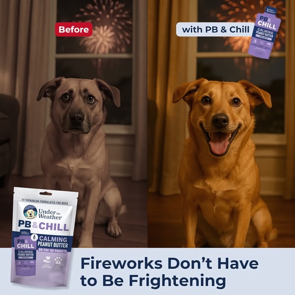 A split-screen advertisement comparing a stressed dog during fireworks against a calm, happy dog after using calming peanut butter.